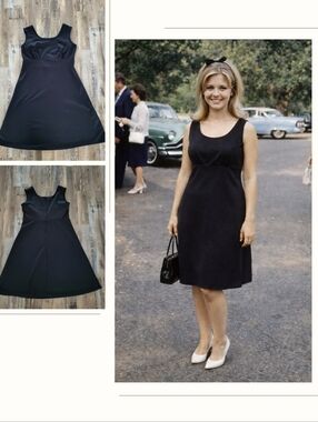 Vintage 60s 70s Black A Line Dress Empire Waist Mod Minimalist Midi 16.5
